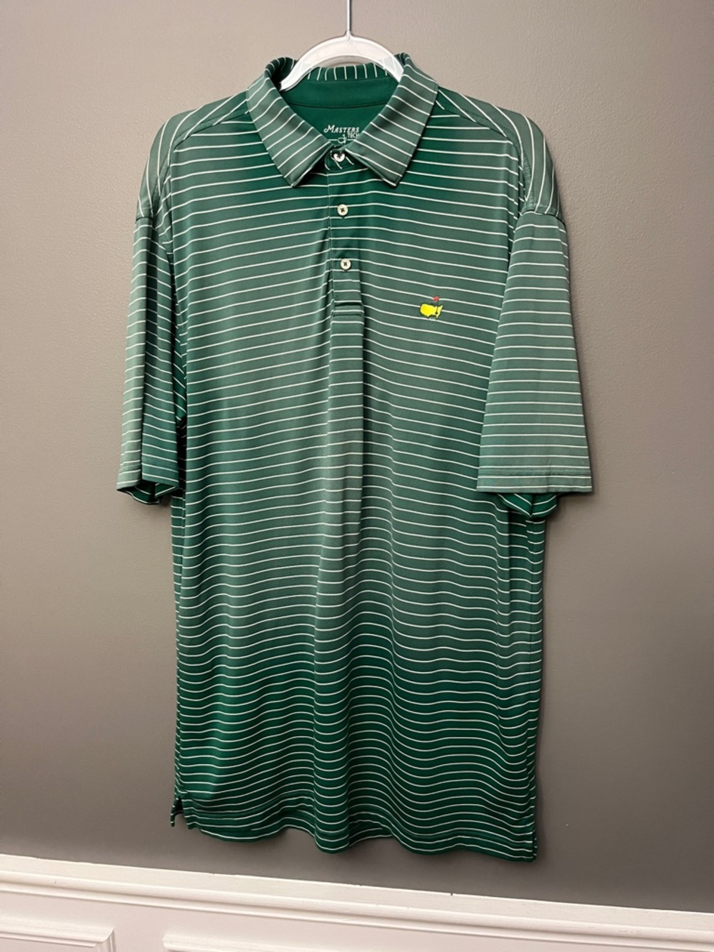 Masters Tech Green Striped Golf Polo with Yellow Logo - Size L